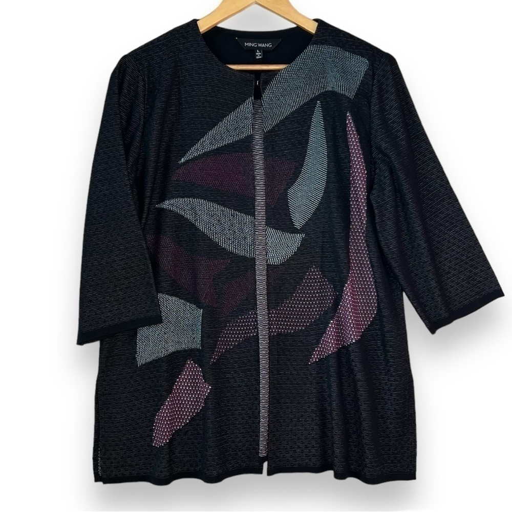Ming Wang Open Front Jacket Womens L Large 3/4 sleeve Aqua Black Purple Cardigan